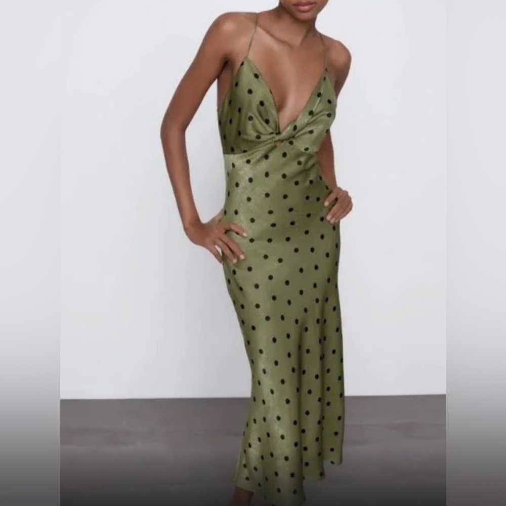 Zara MIDI dress green with black polka dot XS